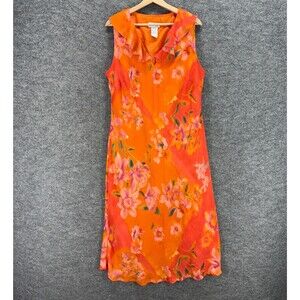 Fancy Lady Dress Women 20W Plus Orange Floral Shift Midi V-Neck Lined Sleeveless